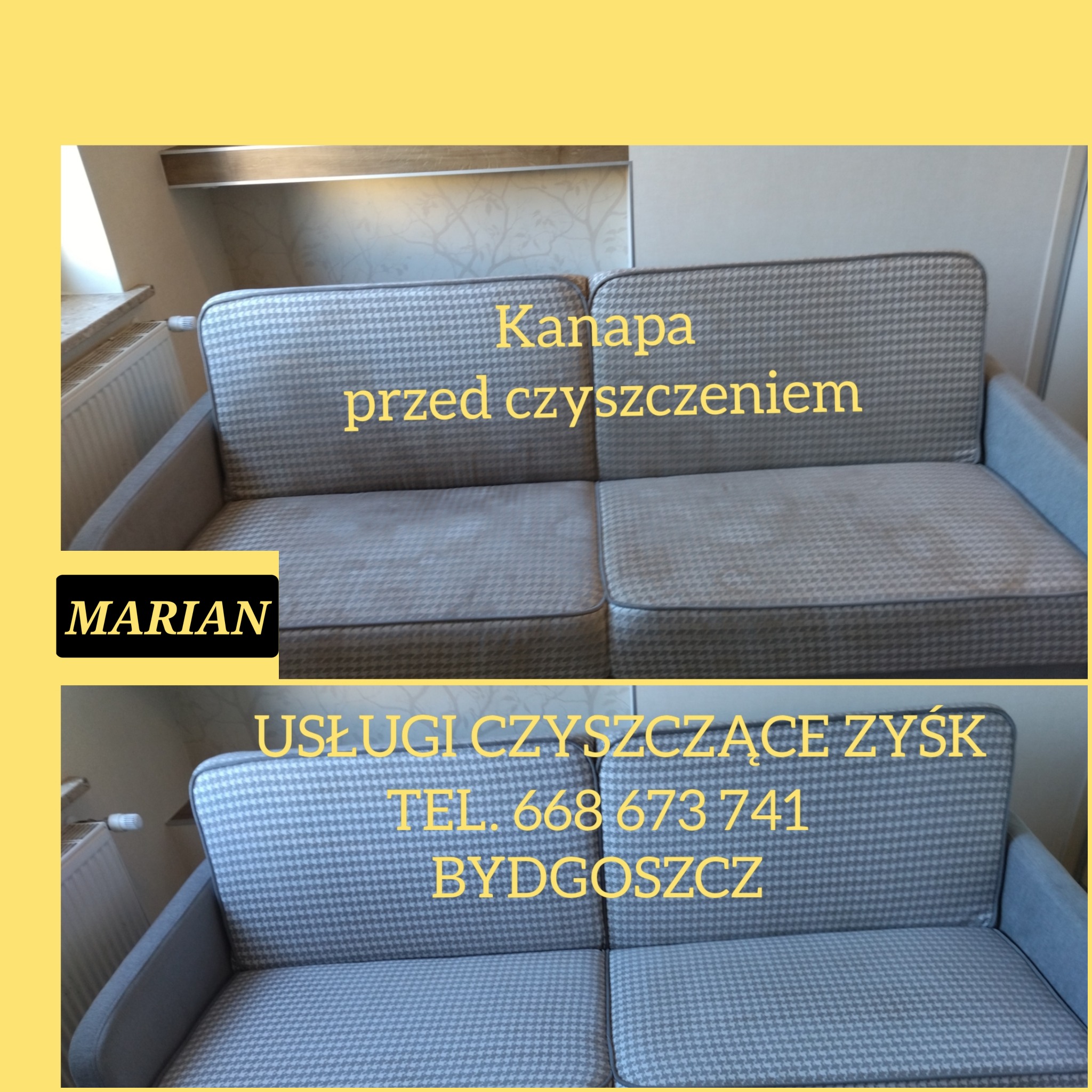 Kanapa z szarą tapicerką w pepitkę, widoczne różnice w czystości pomiędzy górną (przed czyszczeniem) i dolną (po czyszczeniu) częścią zdjęcia, z żółtym obramowaniem i tekstem reklamowym firmy...