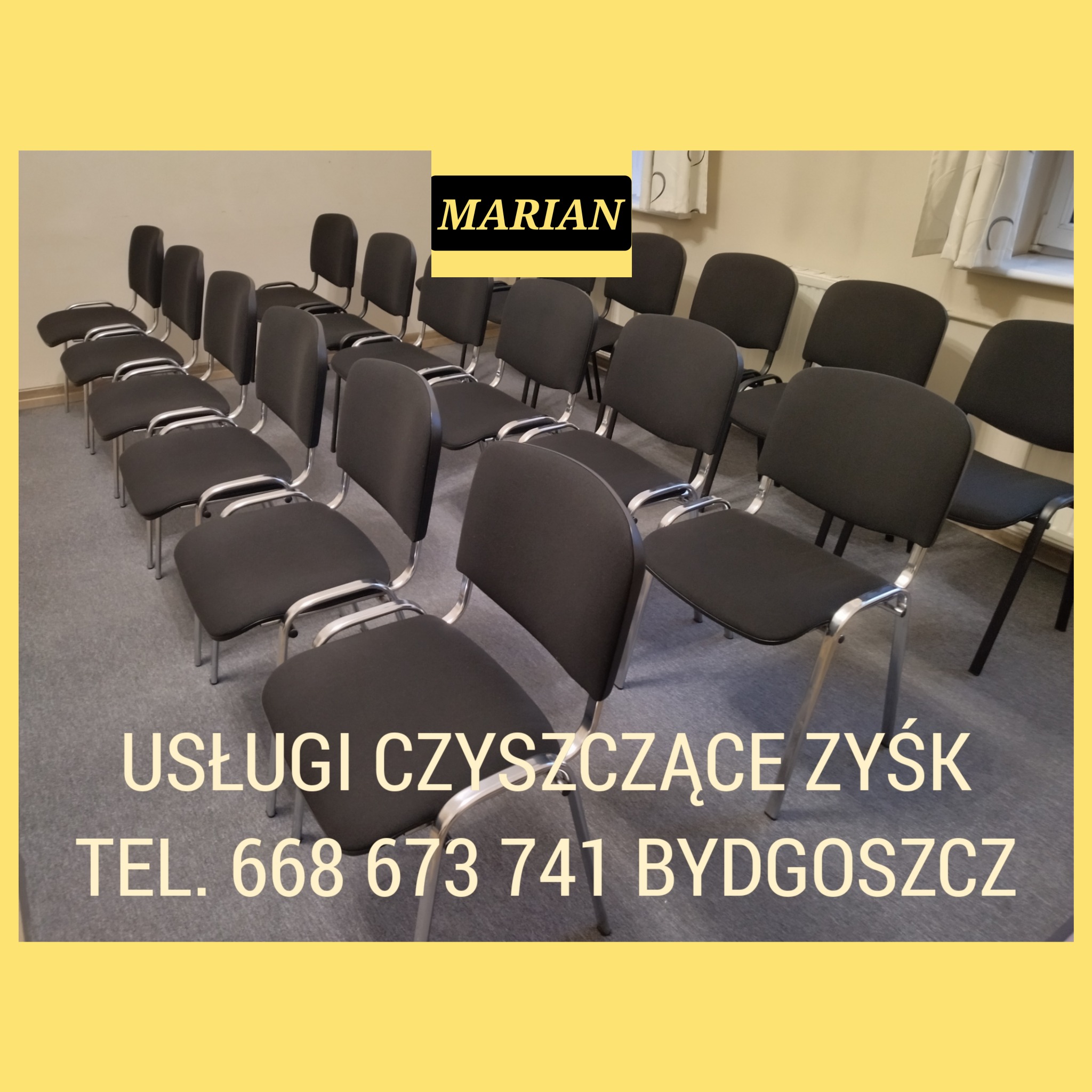 Ustawione w rzędach czarne krzesła z metalowymi nogami na szarym dywanie w sali, z napisem 'Marian Usługi Czyszczące Zysk TEL. 668 673 741 Bydgoszcz'.