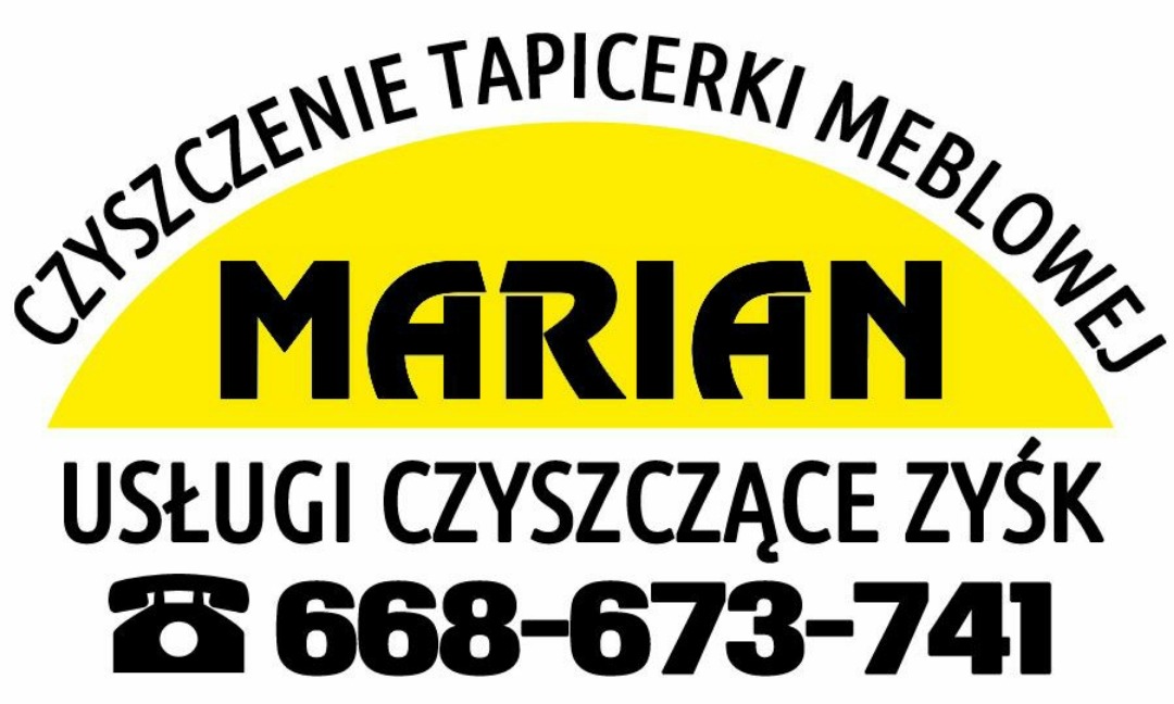 Logo firmy 'Marian', świadczącej usługi czyszczenia tapicerki meblowej, z numerem telefonu.