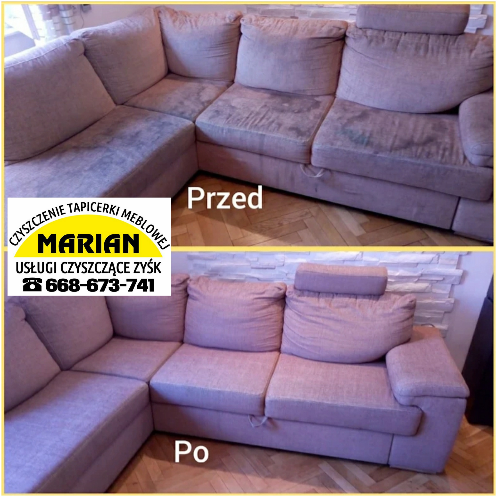 Porównanie narożnika przed i po czyszczeniu, widoczne wyraźne różnice w czystości tapicerki, narożnik w odcieniach fioletu, w dolnej części logo firmy czyszczącej.
