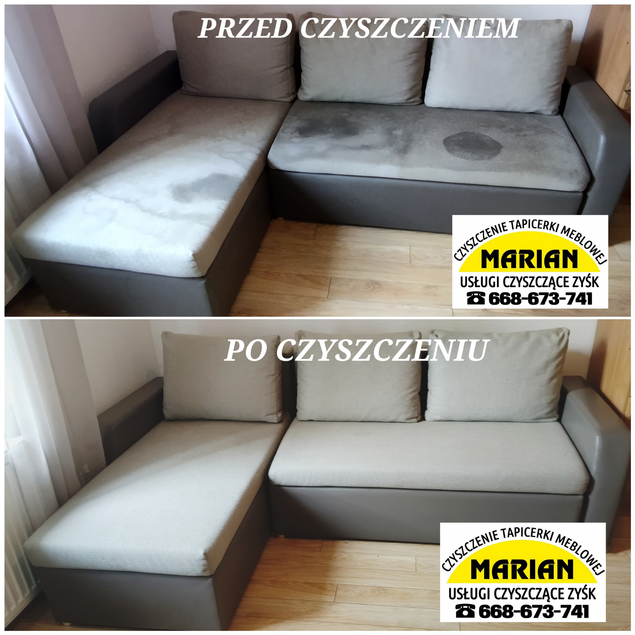 Dwu-segmentowe ujęcie sofy narożnej przed i po czyszczeniu tapicerki, z widocznymi plamami na górnej części zdjęcia i czystą tapicerką na dolnej części, obok widoczny logotyp firmy sprzątającej...