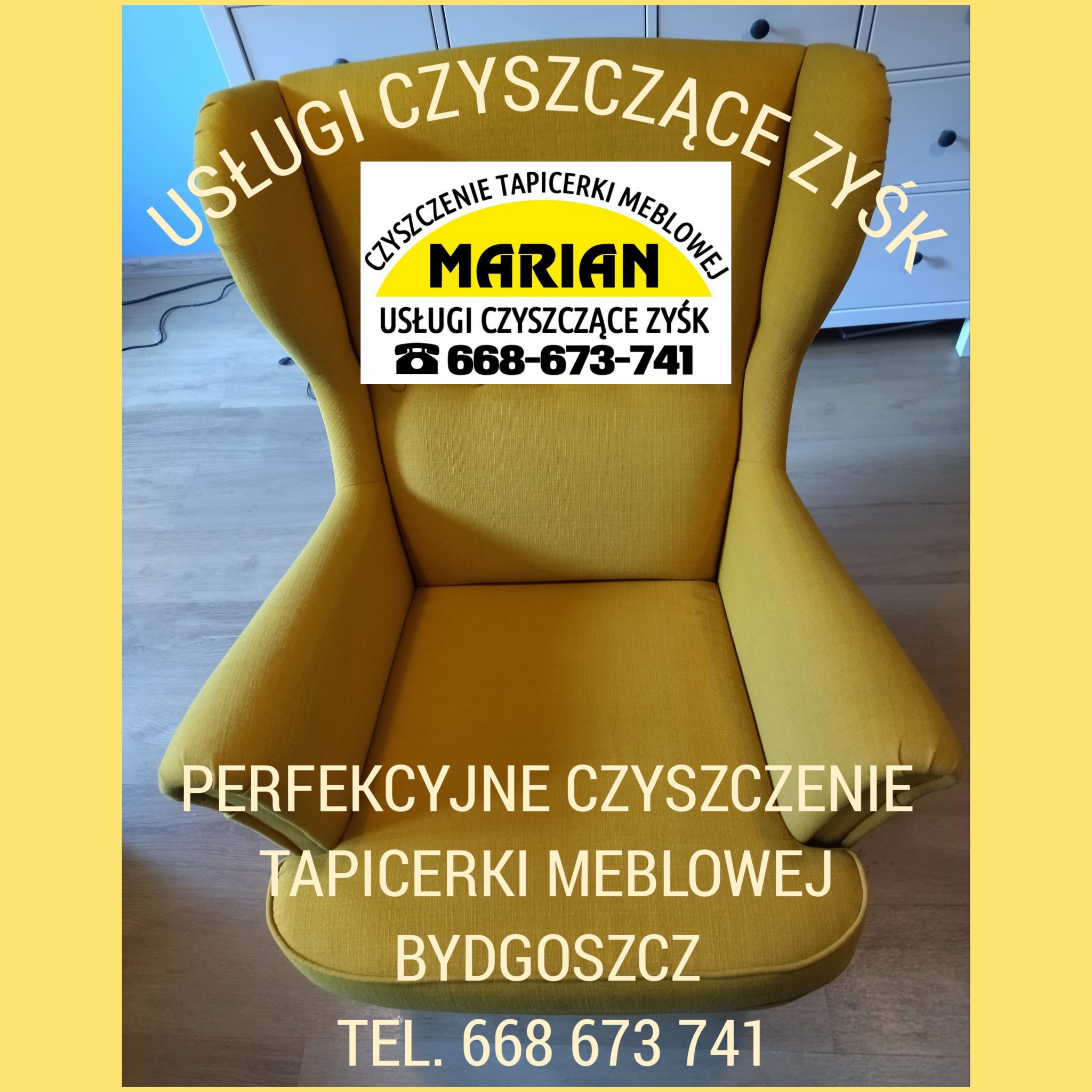 Żółty fotel typu uszak z reklamą usług czyszczenia tapicerki meblowej firmy Marian z Bydgoszczy, widoczny numer telefonu.