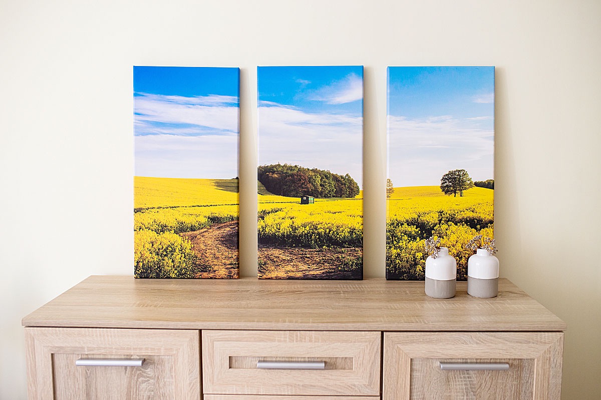 Tryptyk z krajobrazem kwitnącego pola rzepaku, umieszczony na komodzie, z dwoma małymi wazonikami z suszonymi kwiatami.