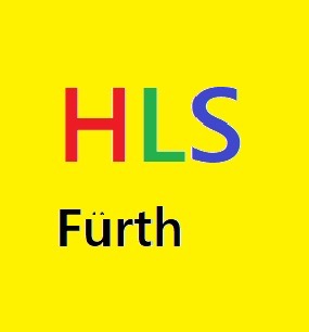 Logo HLS Fürth na jaskrawożółtym tle. Litery HLS w kolorach czerwonym, zielonym i niebieskim, poniżej napis Fürth czarną czcionką.
