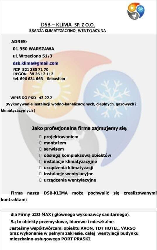 Skan dokumentu firmowego DSB-KLIMA SP. Z O.O. z adresem, numerami NIP, REGON, telefonem, adresem email oraz informacjami o zakresie działalności obejmującej instalacje wodno-kanalizacyjne, cieplne,...