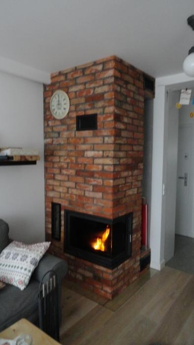 Murowany kominek z czerwonej cegły w nowoczesnym salonie, z płomieniami widocznymi za szybą, zegar na ścianie nad kominkiem, obok szara sofa z ozdobną poduszką.