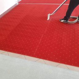 Jg pranie - Czerwony dywan z drobnym wzorem czyszczony odkurzaczem piorącym, widoczne ślady po czyszczeniu.