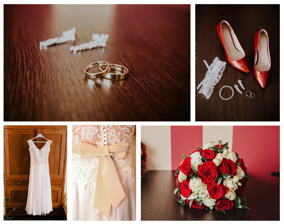 Kolaż zdjęć prezentujący detale ślubne: obrączki z grawerem, białe kolczyki, czerwone lakierowane szpilki, podwiązka, biała sukienka z koronką i kokardą, bukiet z czerwonych i białych róż.