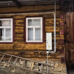 Biała skrzynka elektryczna z żółtym symbolem ostrzegawczym przymocowana do drewnianej ściany domu z widocznymi oknami i drabiną opartą o kamienną podmurówkę.