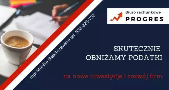 Reklama biura z filiżanką kawy, notatnikiem i długopisem, informująca o skutecznym obniżaniu podatków na nowe inwestycje i rozwój firm.