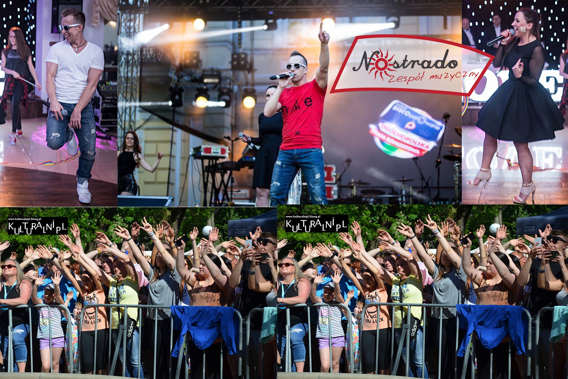 Występ zespołu muzycznego na scenie plenerowej przed publicznością, w tle widoczne oświetlenie sceniczne i instrumenty, w tle logo zespołu Nostrado.