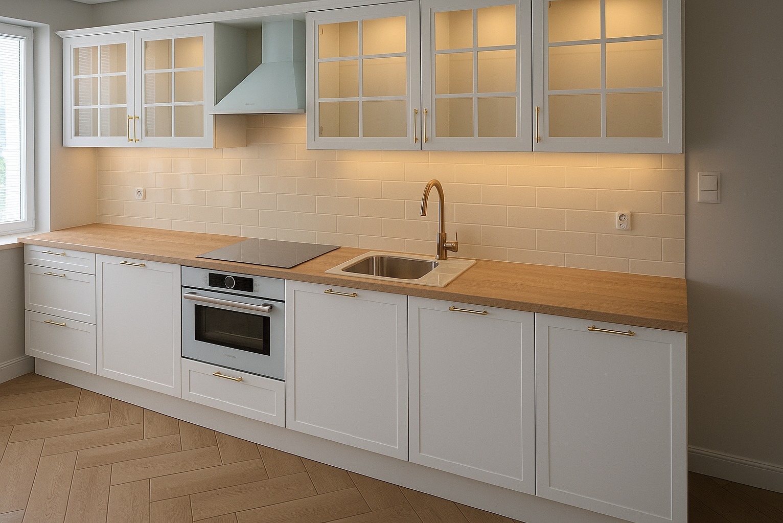 Jasna kuchnia z białymi szafkami, drewnianym blatem i złotymi uchwytami. Uwagę zwraca minimalistyczny okap i płytki w odcieniach beżu, podkreślone ciepłym oświetleniem.