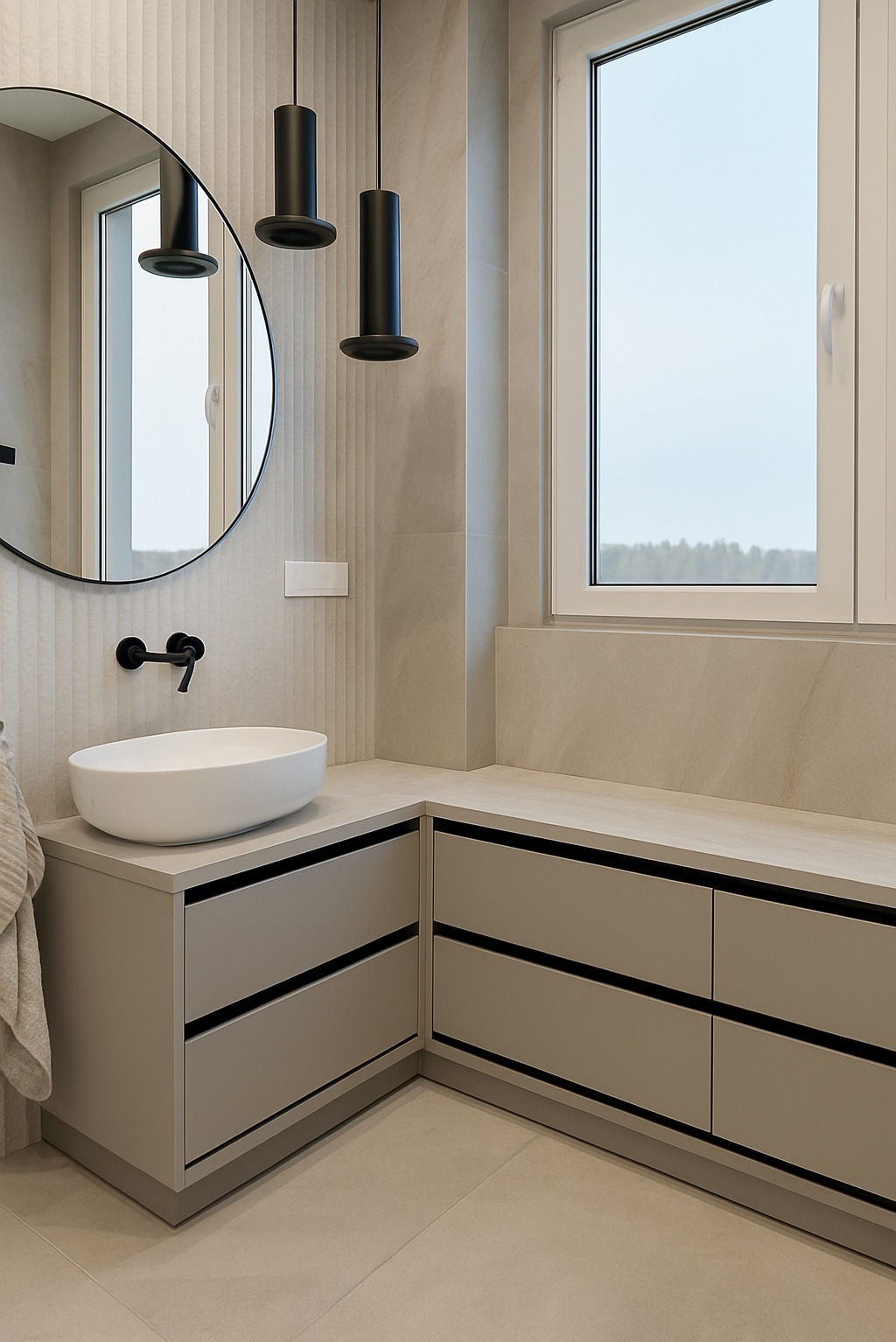 Nowoczesna łazienka w Debrznie z beżowymi szafkami na wymiar z czarnymi akcentami, okrągłym lustrem i wiszącymi lampami. Minimalistyczny design.