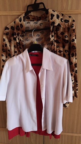 Dwie bluzki damskie wiszące na wieszakach: biała koszulowa bluzka z krótkim rękawem na tle bluzki w panterkę.