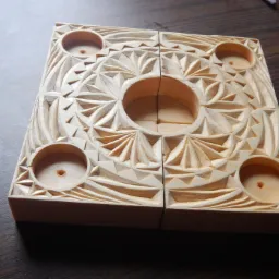 Drewniany, kwadratowy element dekoracyjny z wyżłobionymi, geometrycznymi wzorami i czterema okrągłymi otworami, leżący na drewnianej powierzchni.