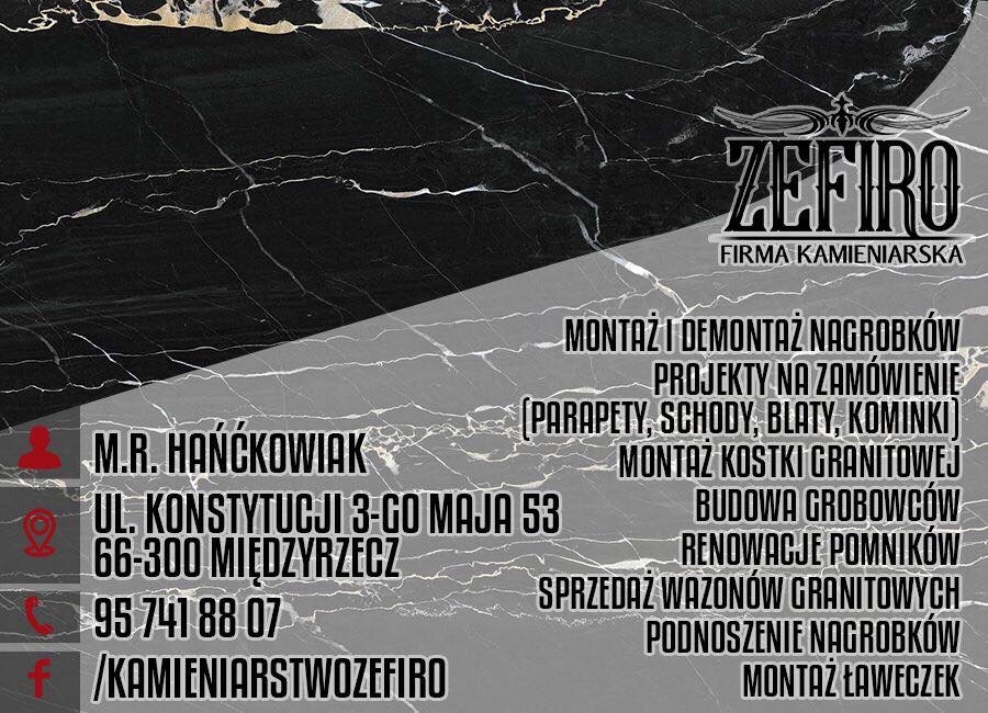 Grafika reklamowa firmy kamieniarskiej Zefiro z Międzyrzecza, oferującej montaż nagrobków, projekty na zamówienie (parapety, schody, blaty, kominki), montaż kostki granitowej, budowę grobowców...