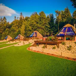 Widok z lotu ptaka na rząd piramidalnych domków letniskowych z drewnianymi tarasami, otoczonych zielonym trawnikiem i lasem.