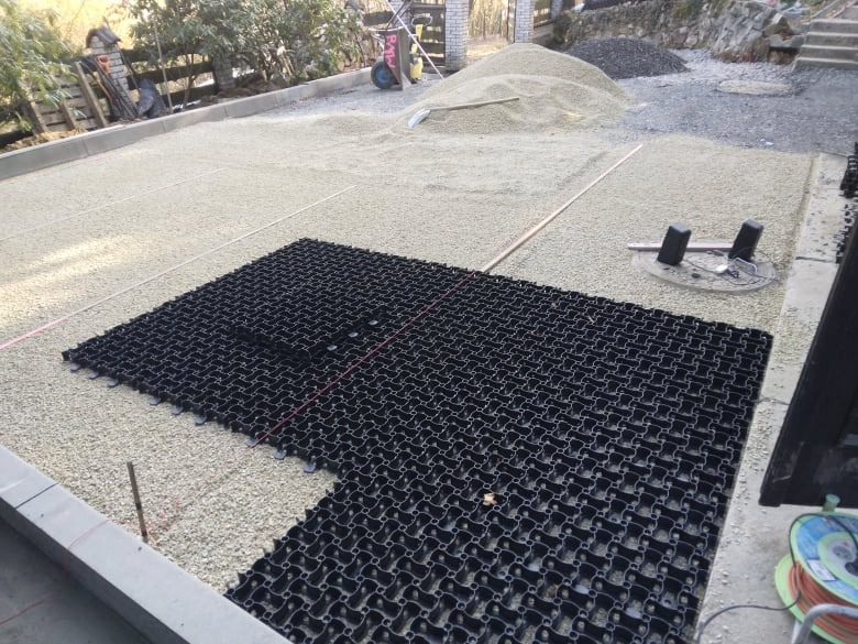 Układanie czarnych, ażurowych paneli na podsypce z jasnego kruszywa, widoczne narzędzia i przygotowany teren pod budowę drogi lub parkingu.