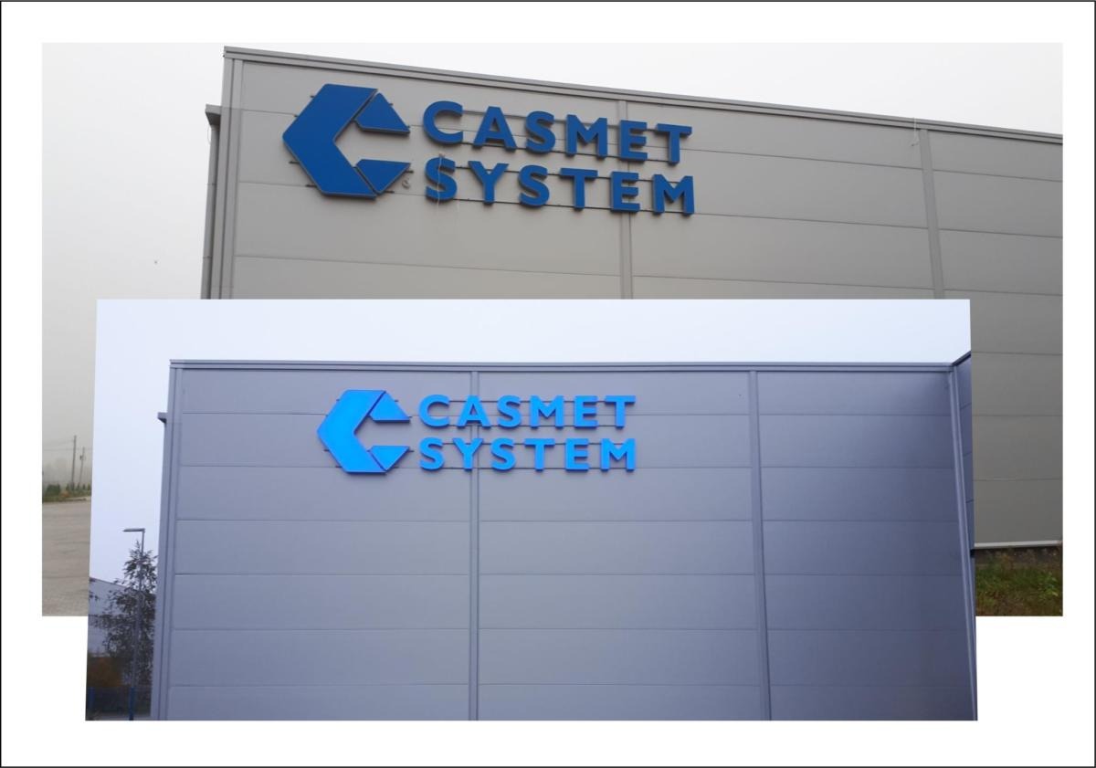 Logo podświetlane na elewacji budynku