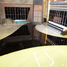Wykończenie podłogi w studio telewizyjnym z czarno-białą żywicą epoksydową, widoczne elementy konstrukcyjne scenografii i oświetlenie.