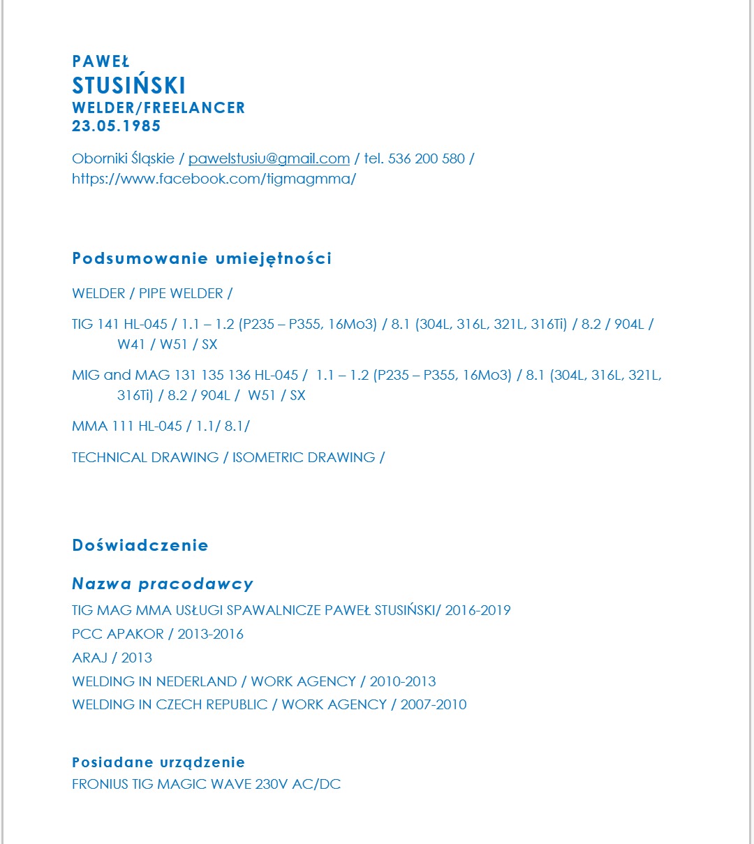 Dokument CV spawacza Pawła Stusińskiego, freelancera, z danymi kontaktowymi, podsumowaniem umiejętności (TIG, MIG, MAG, MMA), doświadczeniem zawodowym i informacją o posiadanym urządzeniu Fronius...