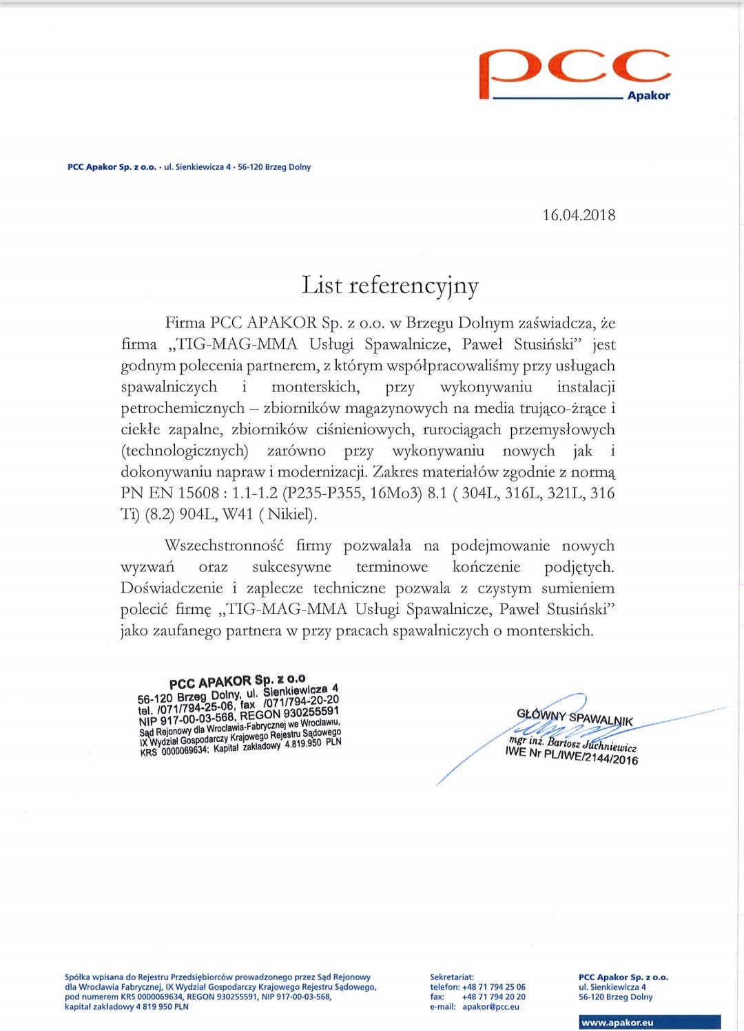 Dokument referencyjny od PCC Apakor Sp. z o.o. potwierdzający współpracę z firmą TIG-MAG-MMA Usługi Spawalnicze, Paweł Stusiński, przy usługach spawalniczych i monterskich instalacji petrochemicznych.