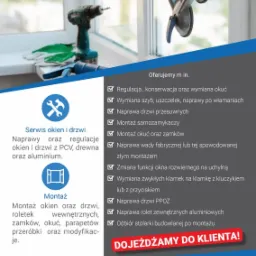 Plakat reklamowy serwisu okien i drzwi, oferującego naprawy i regulacje okien oraz drzwi z PCV, drewna i aluminium, a także montaż okien, drzwi, roletek wewnętrznych, zamków, okuć, parapetów...