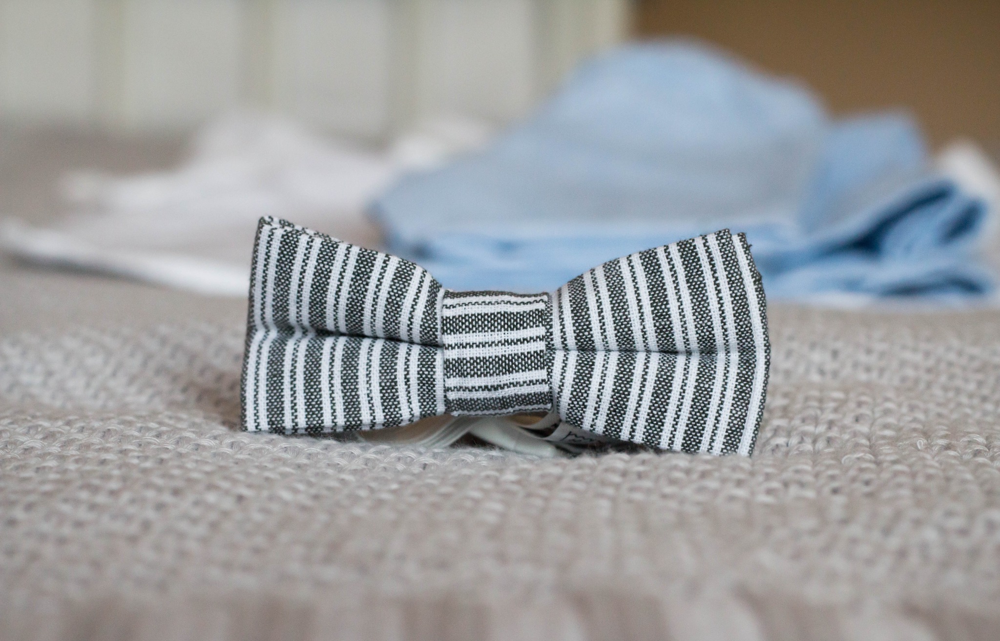 Pasiasta muszka w odcieniach szarości leży na beżowym swetrze, w tle ubranka dziecięce, zdjęcie z Jaroszowej Woli.