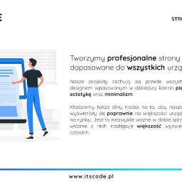 ITsCODE - Grafika wektorowa przedstawiająca proces tworzenia strony internetowej, z sylwetką mężczyzny wskazującego na ekran monitora, nad tekstem reklamowym firmy IT.