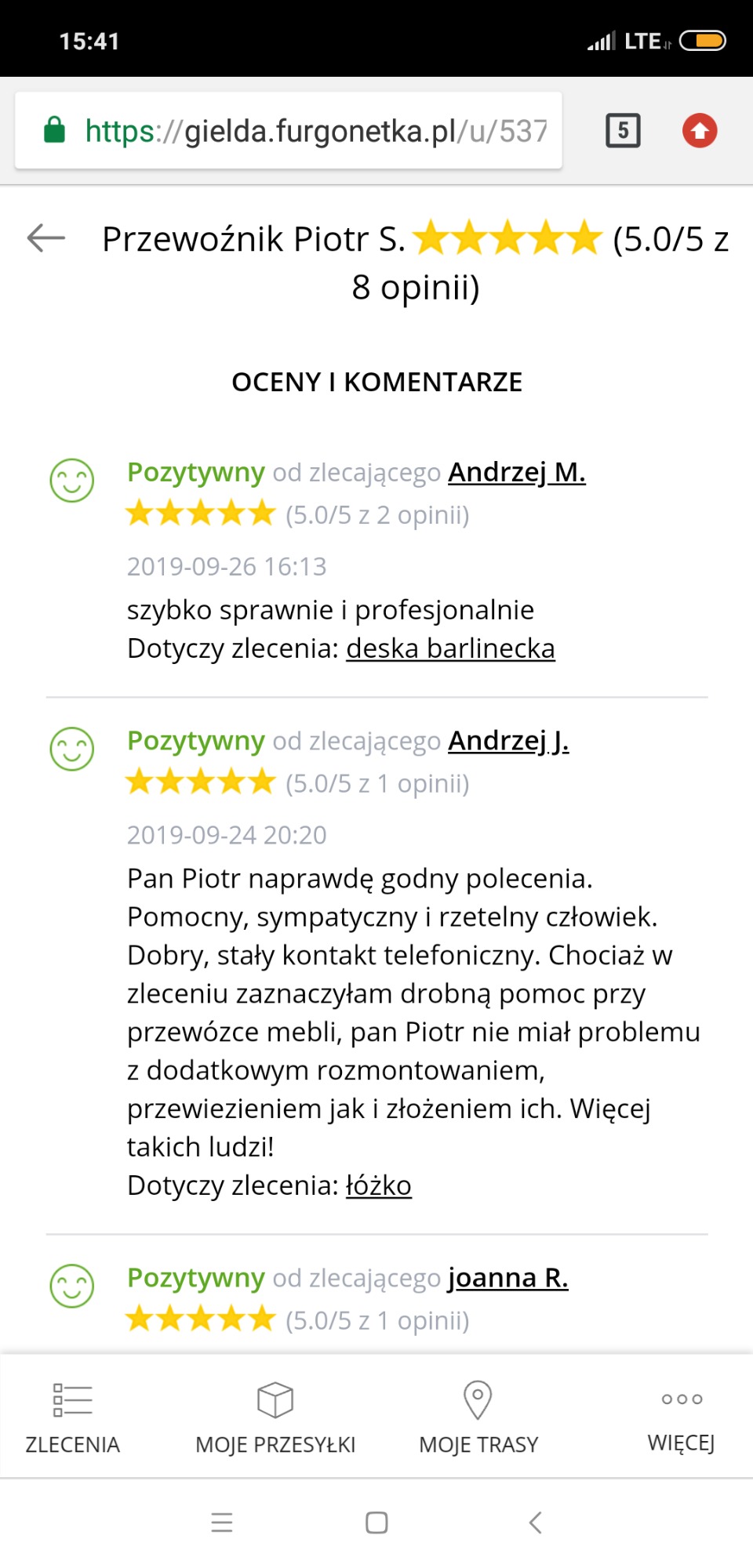 Zrzut ekranu strony internetowej giełdy transportowej Furgonetka.pl z profilu przewoźnika Piotra S. i ocenami klientów, zawierający pozytywne opinie o sprawnym i profesjonalnym transporcie deski...