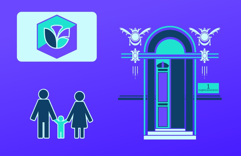 Abstrakcyjna grafika przedstawiająca rodzinę, logo z roślinnym motywem i wejście do budynku z adresem, utrzymana w kolorach fioletu, turkusu i błękitu.