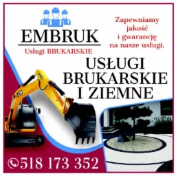 Reklama firmy EMBRUK oferującej usługi brukarskie i ziemne, z ilustracją koparki JCB i fragmentem ułożonej kostki brukowej z nasadzeniami.