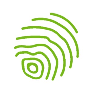 Zielone, stylizowane logo firmy z Warszawy, przypominające odcisk palca lub przekrój pnia drzewa.