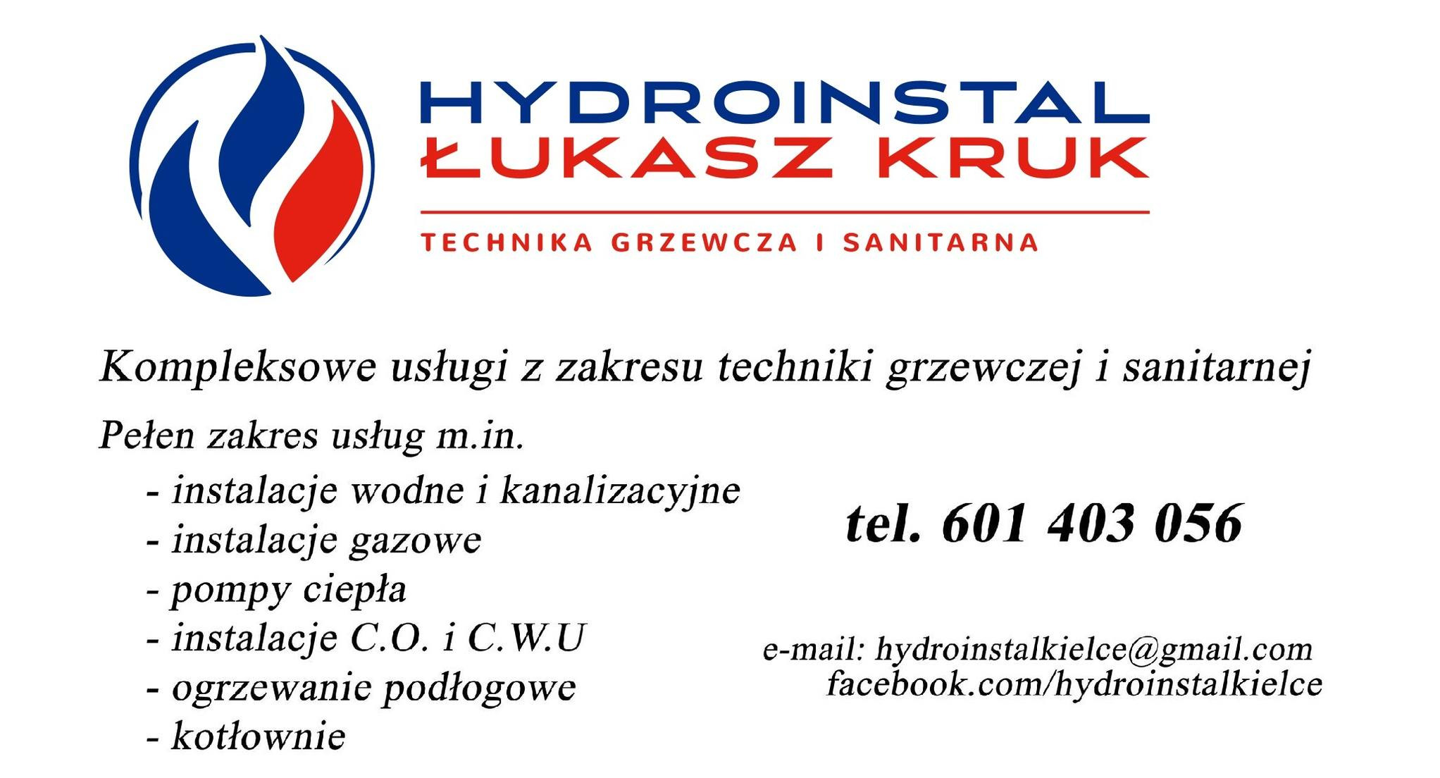 Logo firmy Hydroinstal Łukasz Kruk z Kielc, oferującej kompleksowe usługi z zakresu techniki grzewczej i sanitarnej, w tym instalacje wodne, gazowe, C.O., pompy ciepła i kotłownie.