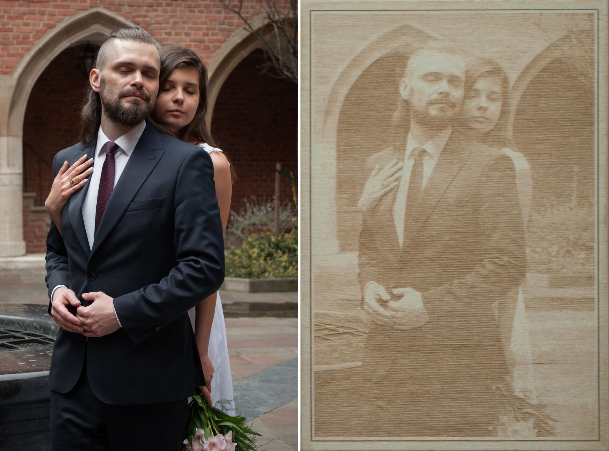 Para młoda w Warszawie, obejmująca się na tle ceglanego łuku. Z prawej strony obraz wygrawerowany w drewnie, przedstawiający tę samą scenę.