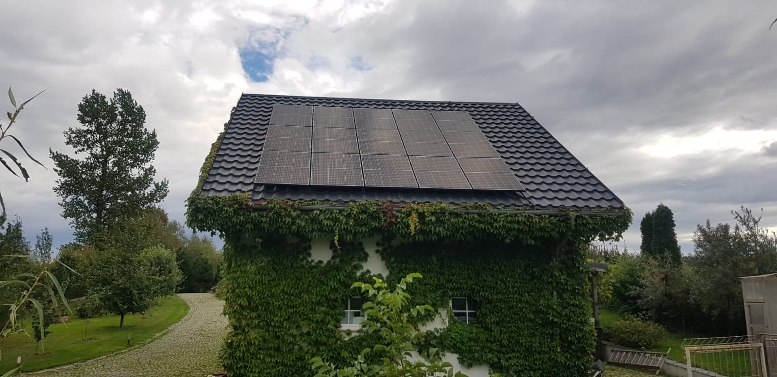 Dom jednorodzinny z panelami słonecznymi na dachu, porośnięty bluszczem, widok z poziomu gruntu w pochmurny dzień.