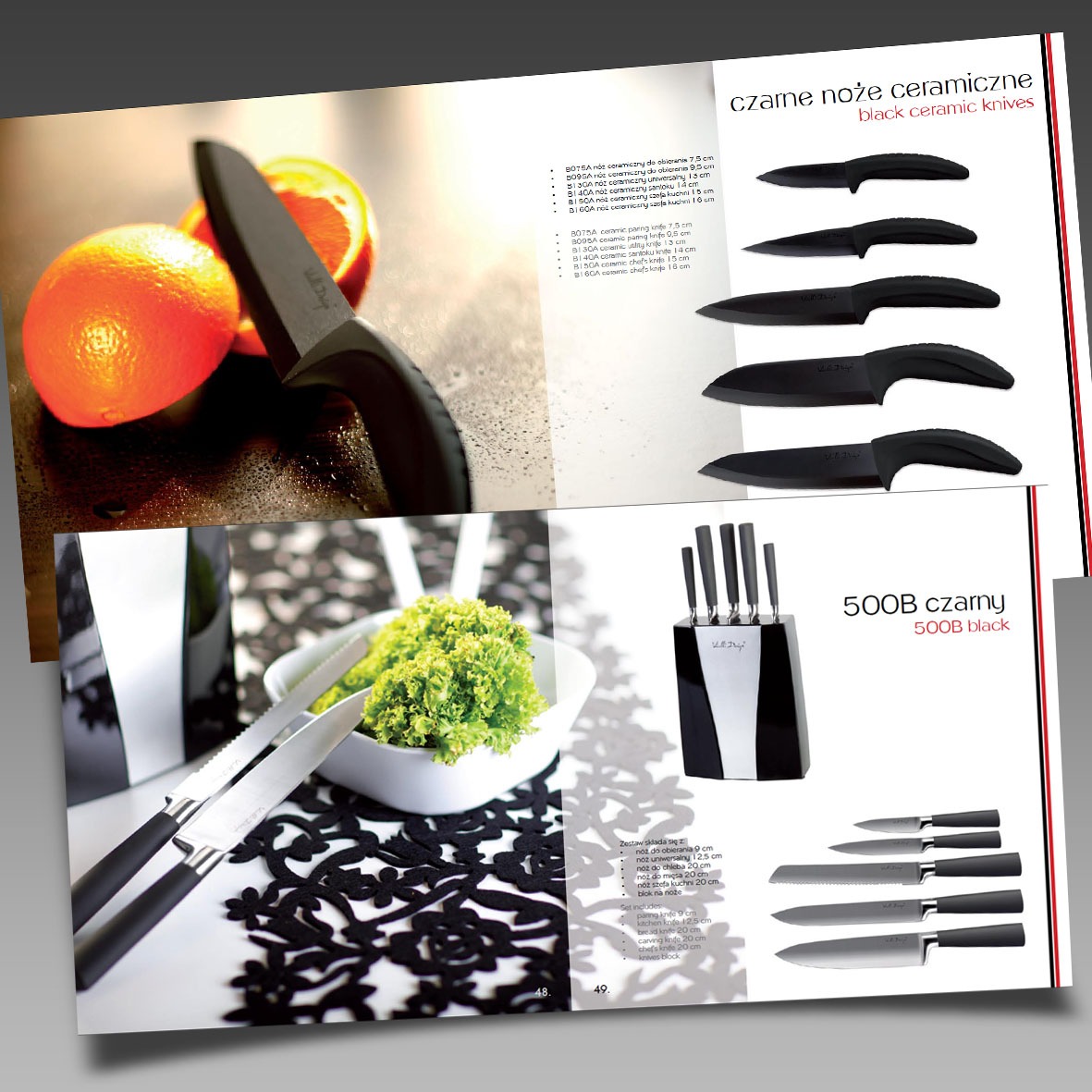 Zdjęcie z katalogu prezentujące zestaw czarnych noży ceramicznych oraz srebrne noże z ząbkowanymi ostrzami, ułożone na tle z owocami i sałatą, z widocznymi specyfikacjami produktu.