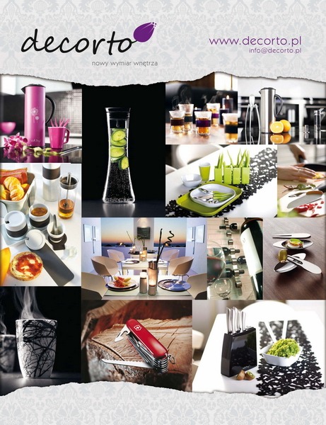 Kompozycja z kolażu zdjęć prezentujących różnorodne artykuły gospodarstwa domowego: naczynia, sztućce, szklanki, akcesoria kuchenne, nóż wielofunkcyjny, czajnik, dzbanek z ogórkiem, filiżanka...