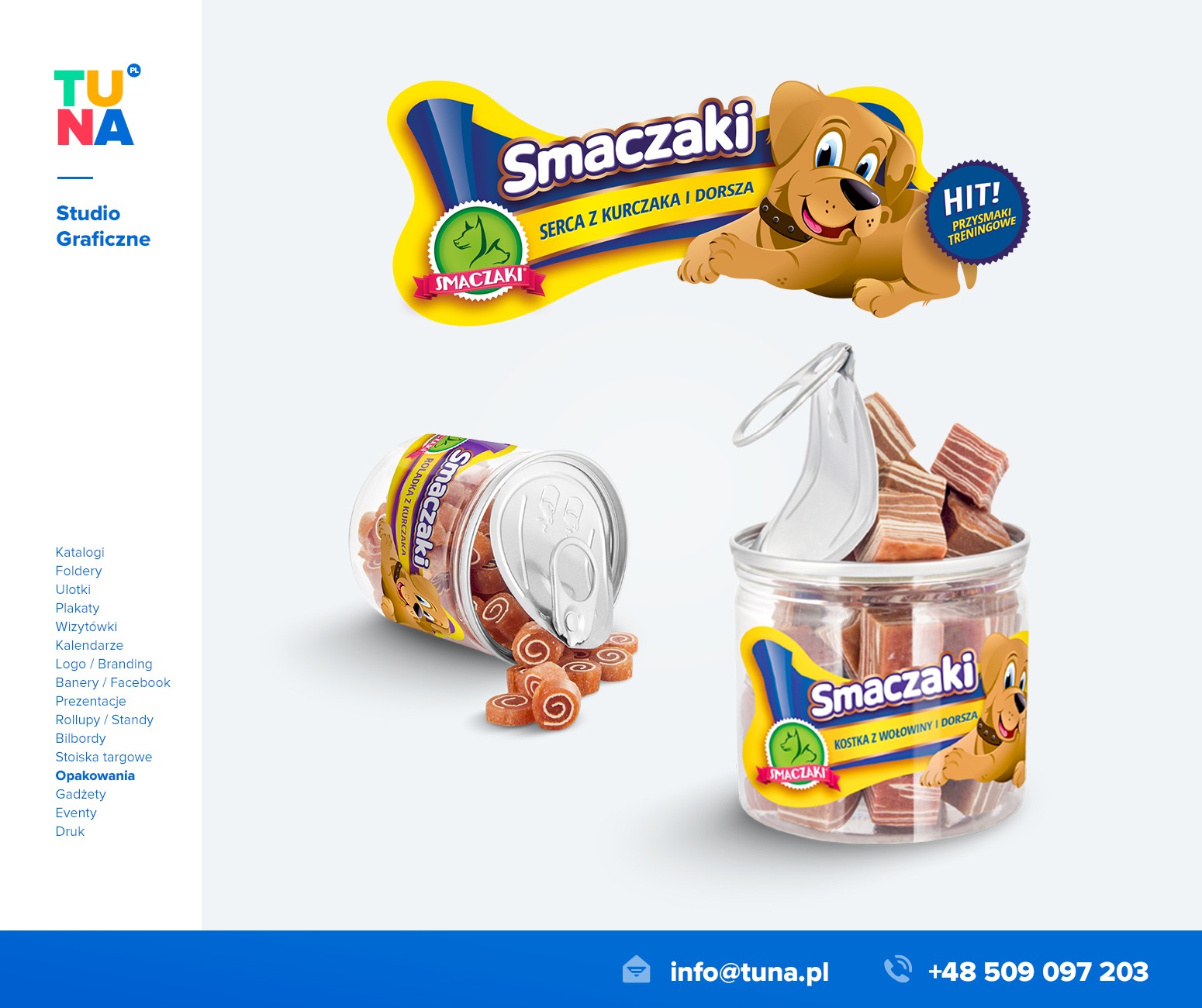 Projekt graficzny opakowań dla psich smakołyków marki Smaczaki, prezentujący puszkę i plastikowy pojemnik z zawartością, w tle grafika w kształcie kości z wizerunkiem psa.