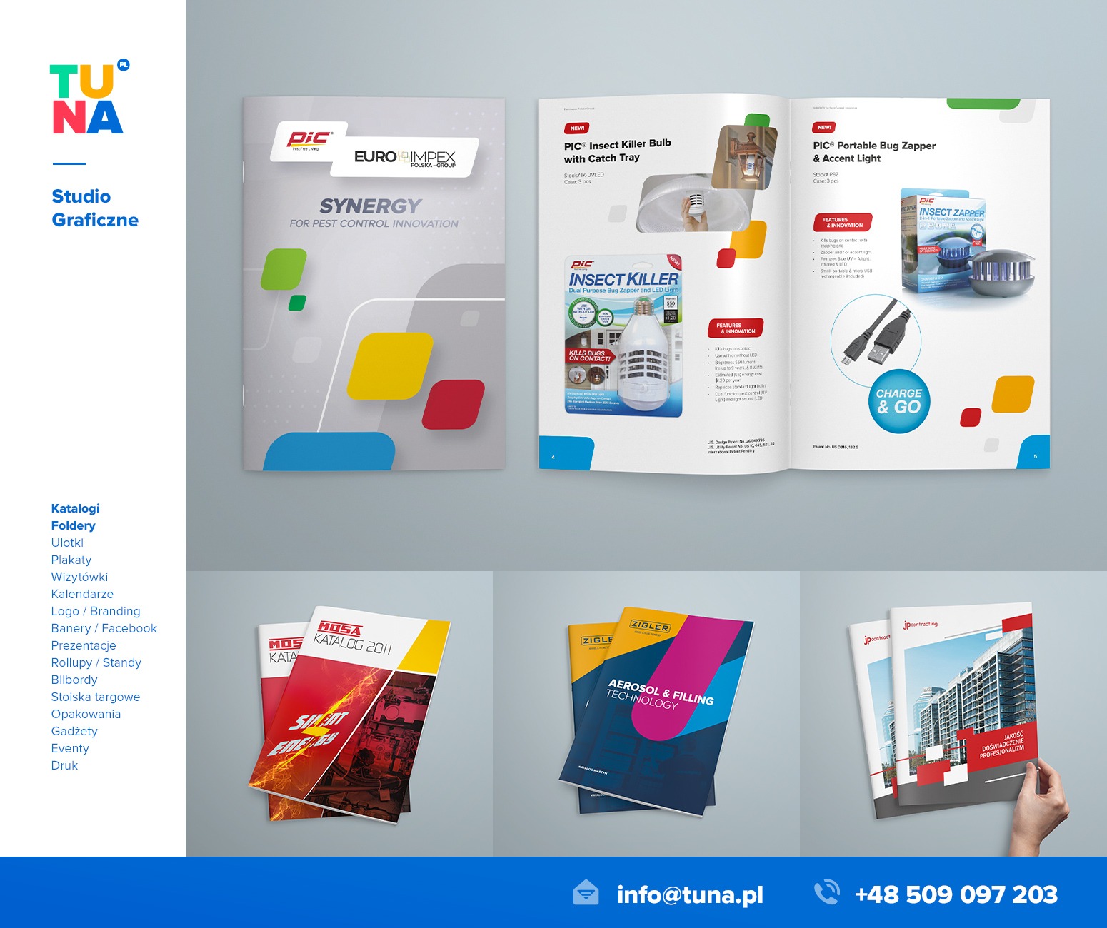 Rozłożony katalog z przykładami projektów graficznych, w tym ulotki, foldery i katalogi produktowe, prezentujący portfolio studia graficznego.