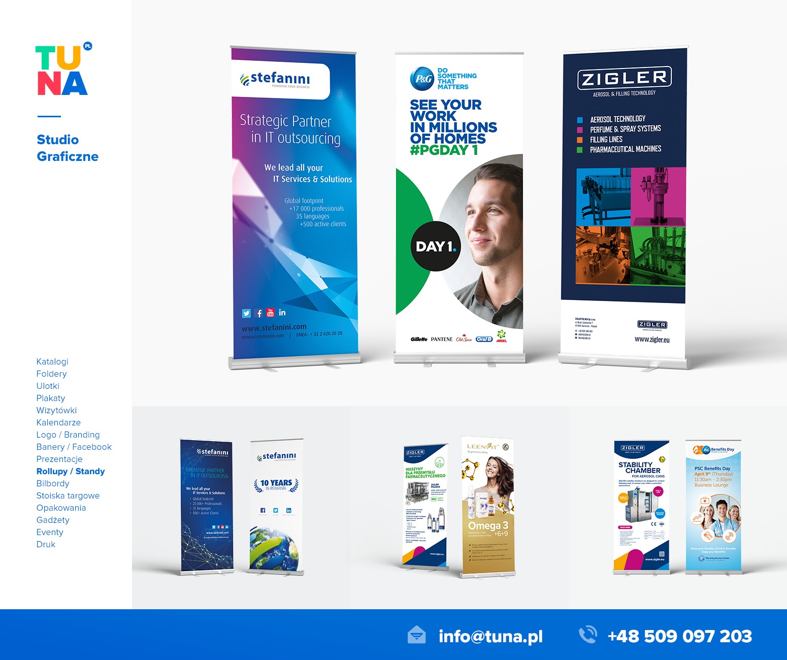 Zestaw roll-upów i standów reklamowych różnych firm, prezentujących różnorodne produkty i usługi, od IT outsourcingu po maszyny dla przemysłu farmaceutycznego, z widocznymi logotypami i hasłami...