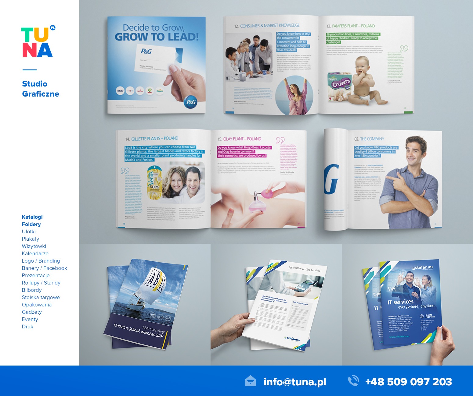 Rozłożony katalog reklamowy prezentujący różnorodne projekty graficzne, w tym identyfikację wizualną firm, ulotki i broszury, z widocznym logo studia graficznego TUNA w lewym górnym rogu.