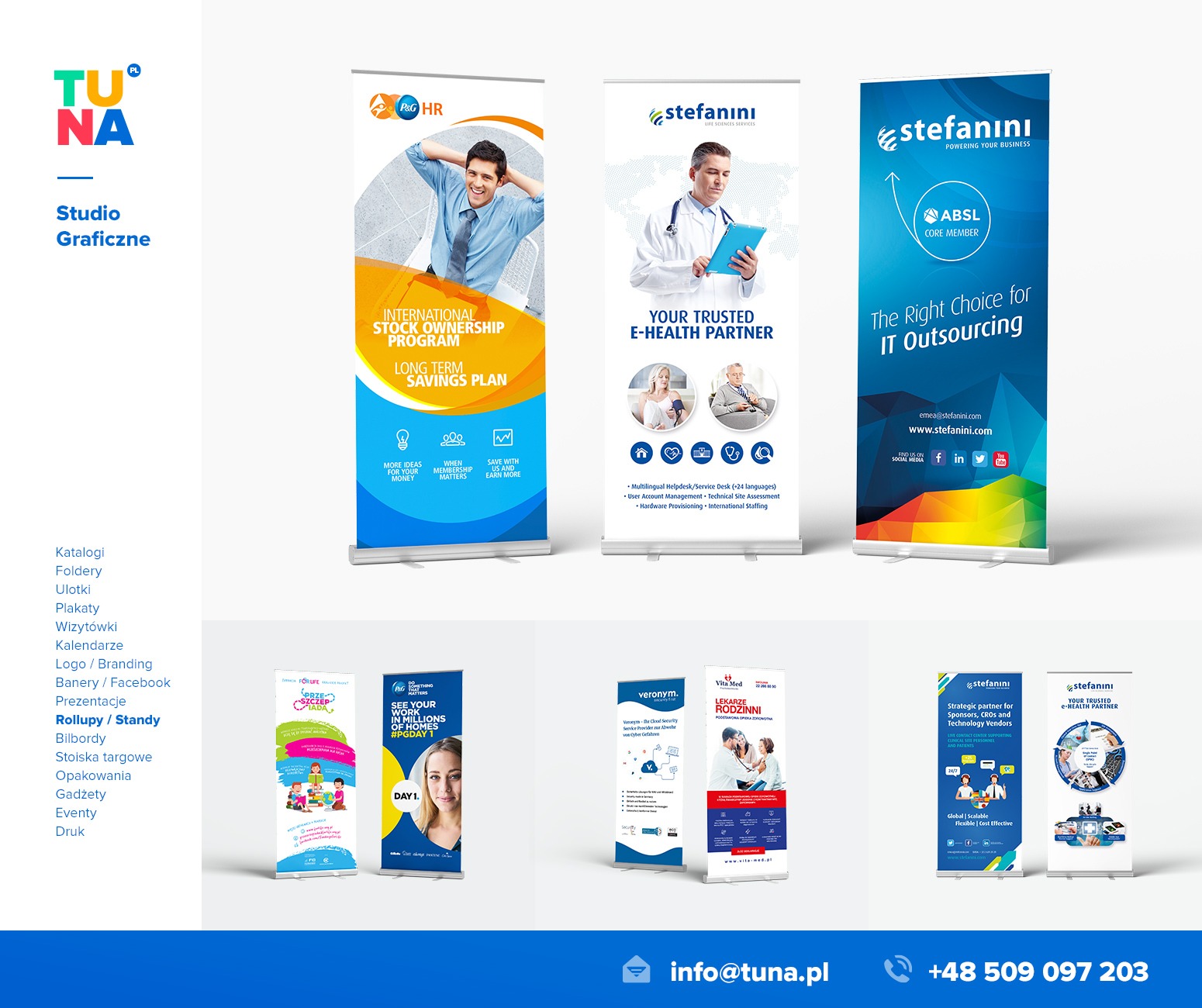 Zestaw roll-upów reklamowych różnych firm, z wyraźnymi grafikami i hasłami, ustawionych obok siebie na białym tle.