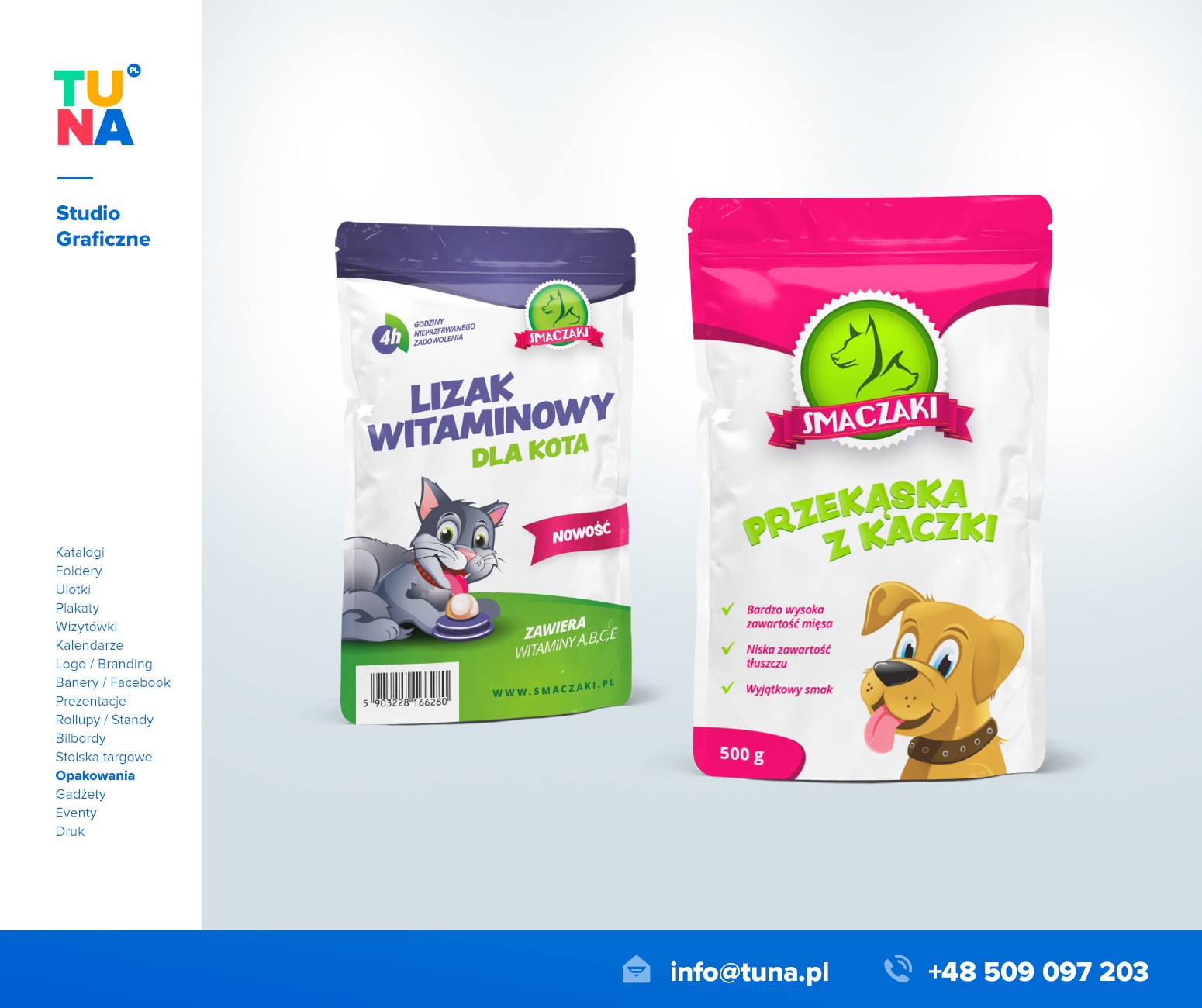 Dwa rodzaje opakowań dla zwierząt: lizak witaminowy dla kota z ilustracją szarego kota oraz przekąska z kaczki dla psa z ilustracją wesołego, żółtego psa.