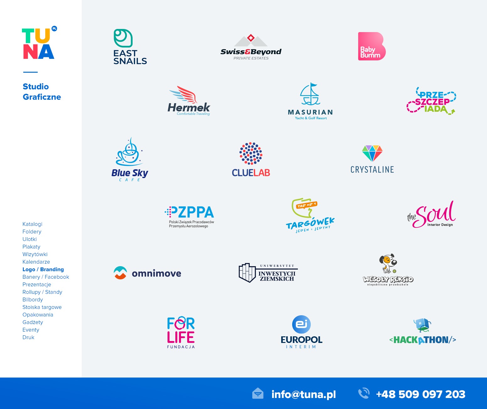 Kolekcja różnorodnych logo firm z różnych branż, stworzonych przez studio graficzne TUNA, prezentowanych na jasnym tle.