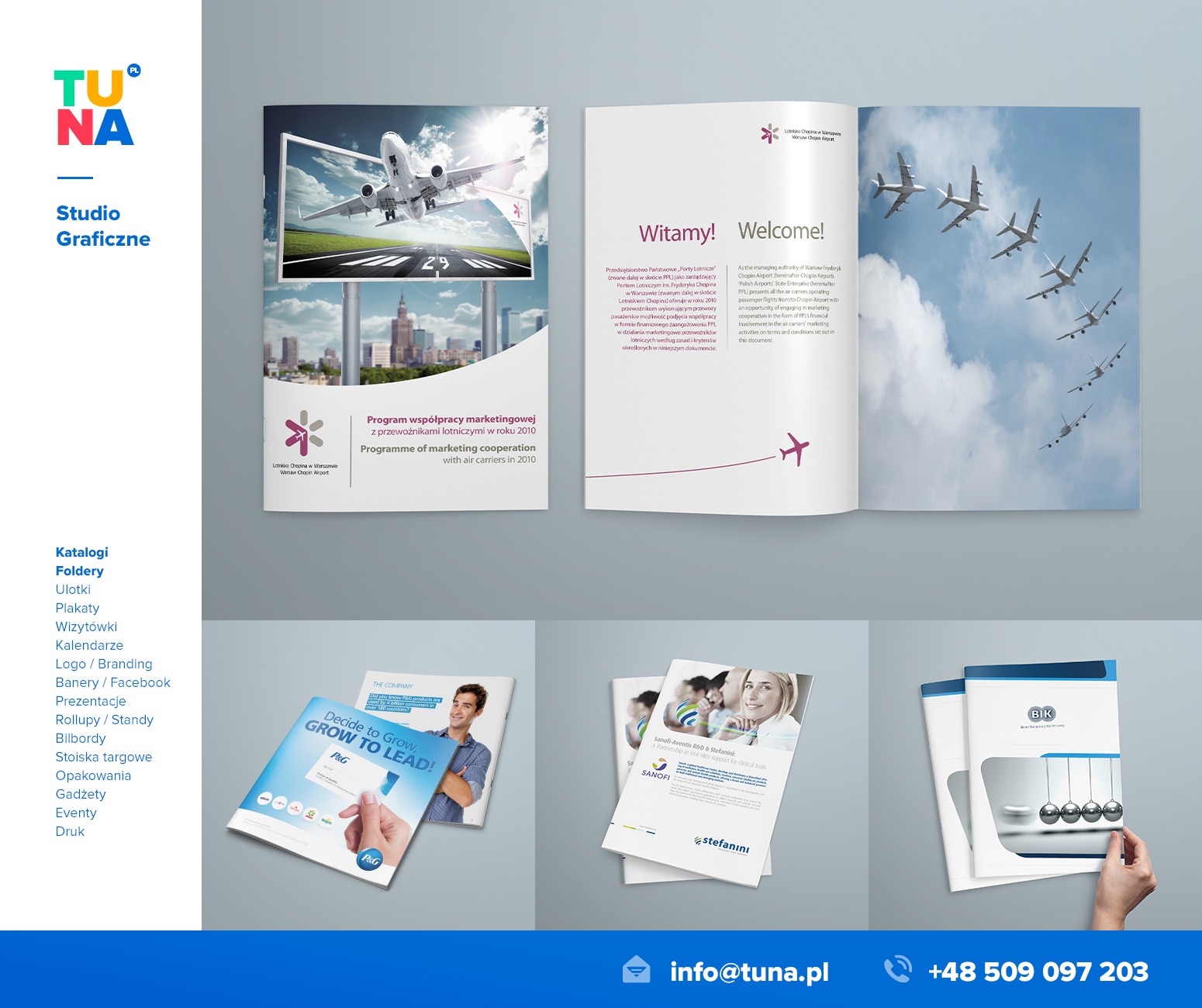 Przykładowe projekty graficzne studia TUNA, prezentujące katalogi, foldery i ulotki z różnorodnymi motywami, w tym lotniczym i biznesowym, ułożone na szarym tle.