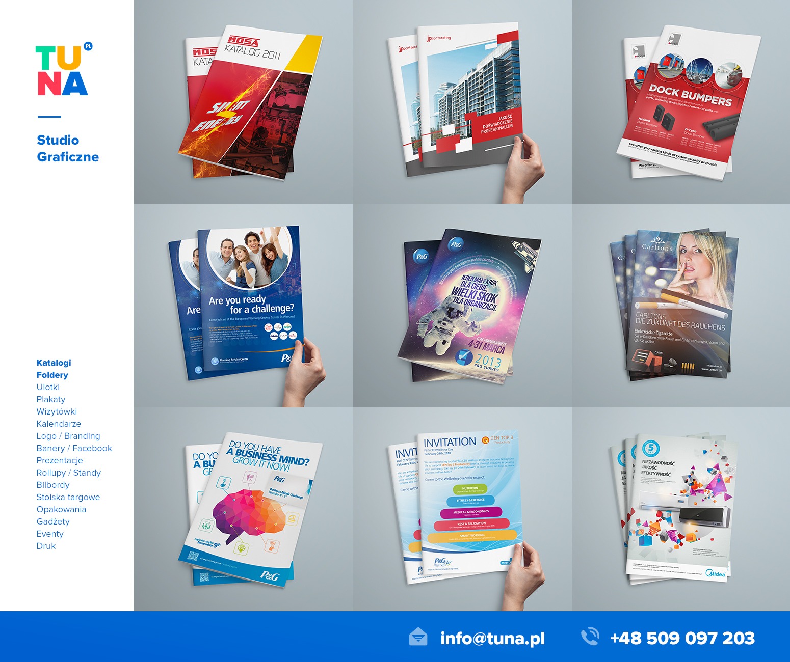 Projekt graficzny i skład DTP katalogów reklamowych, folderów, broszur, ulotek, plakatów.