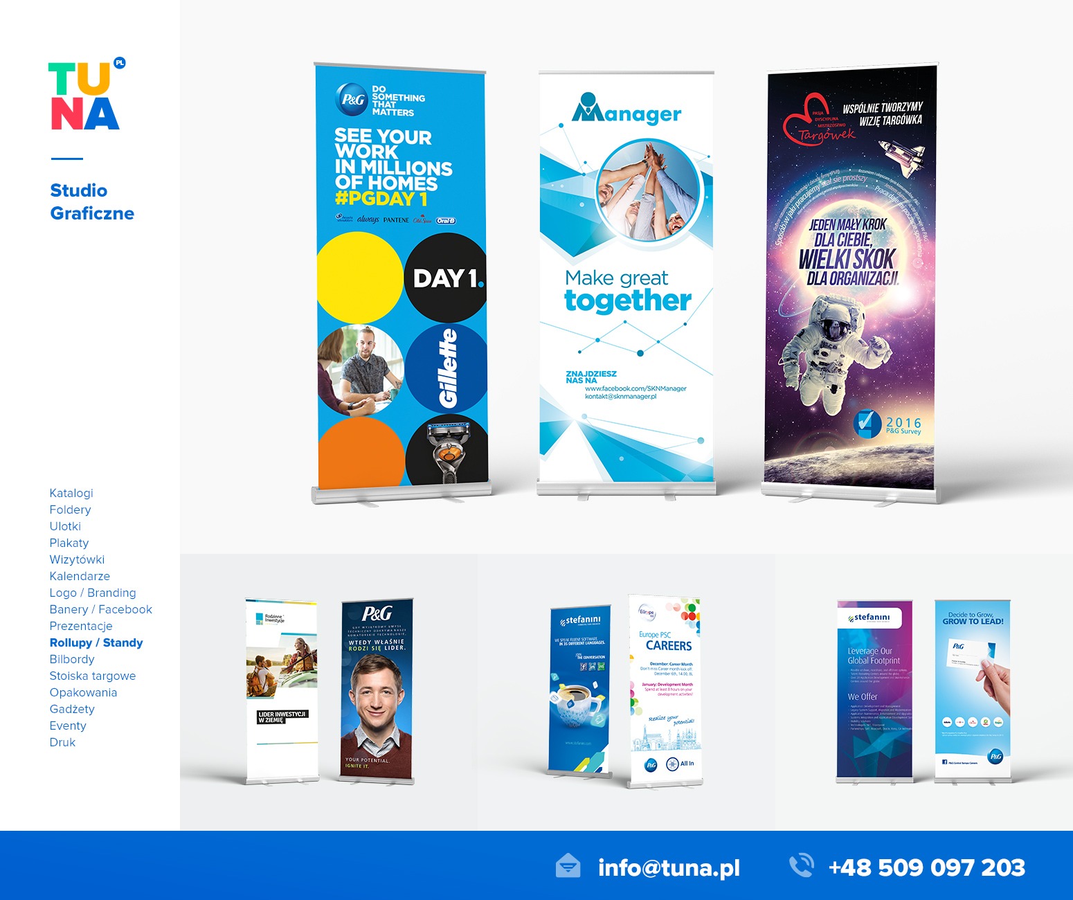 Zestaw roll-upów i ścianek wystawienniczych z różnymi projektami graficznymi, w tym reklamy P&G i inne motywy korporacyjne, prezentowane w jasnym, minimalistycznym studiu.