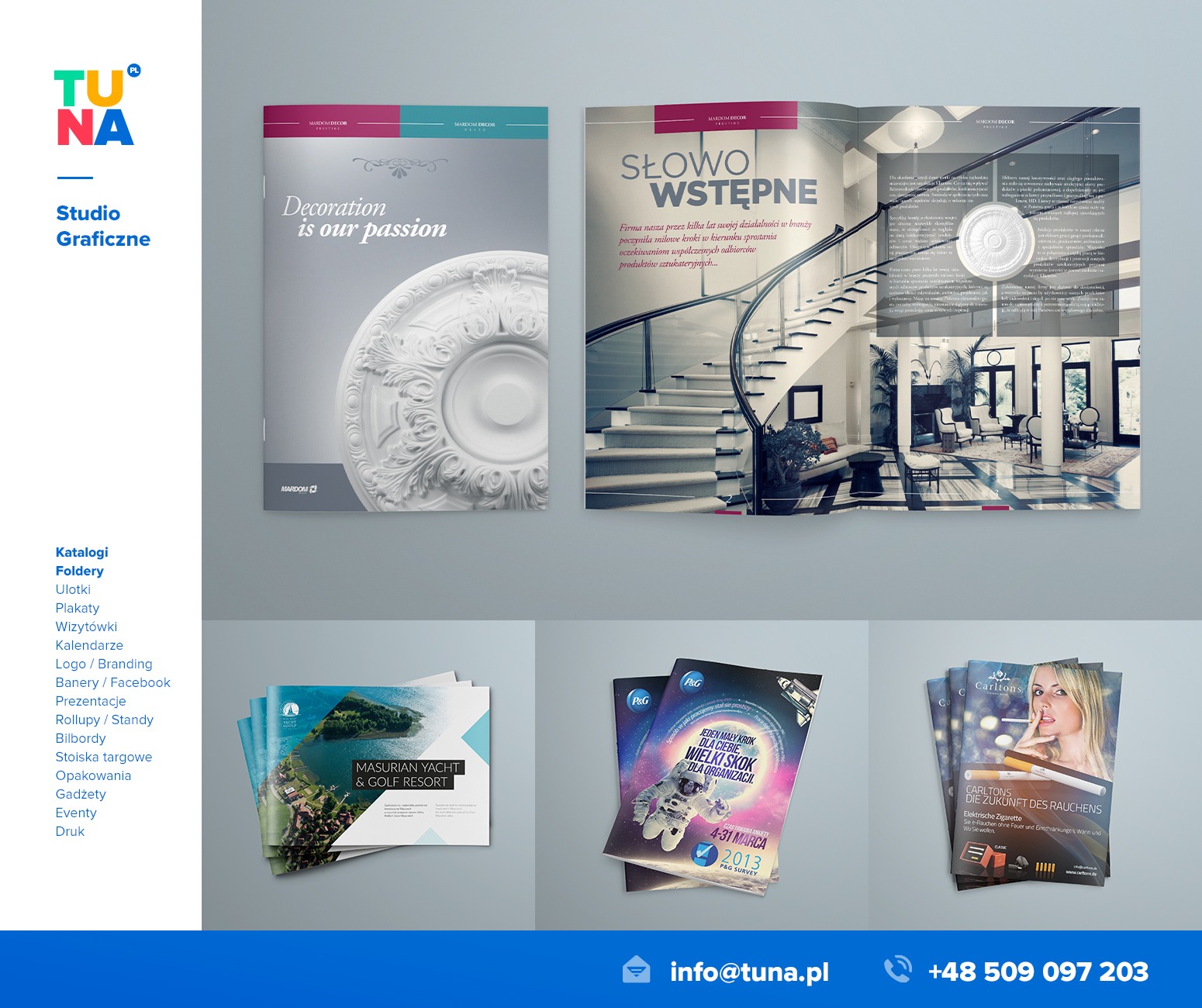 Otwarty katalog reklamowy z wizualizacją wnętrza domu oraz dekoracyjnym elementem sufitu, obok zamknięty katalog z tym samym motywem, oraz ulotki reklamowe z motywem jachtu, astronauty...