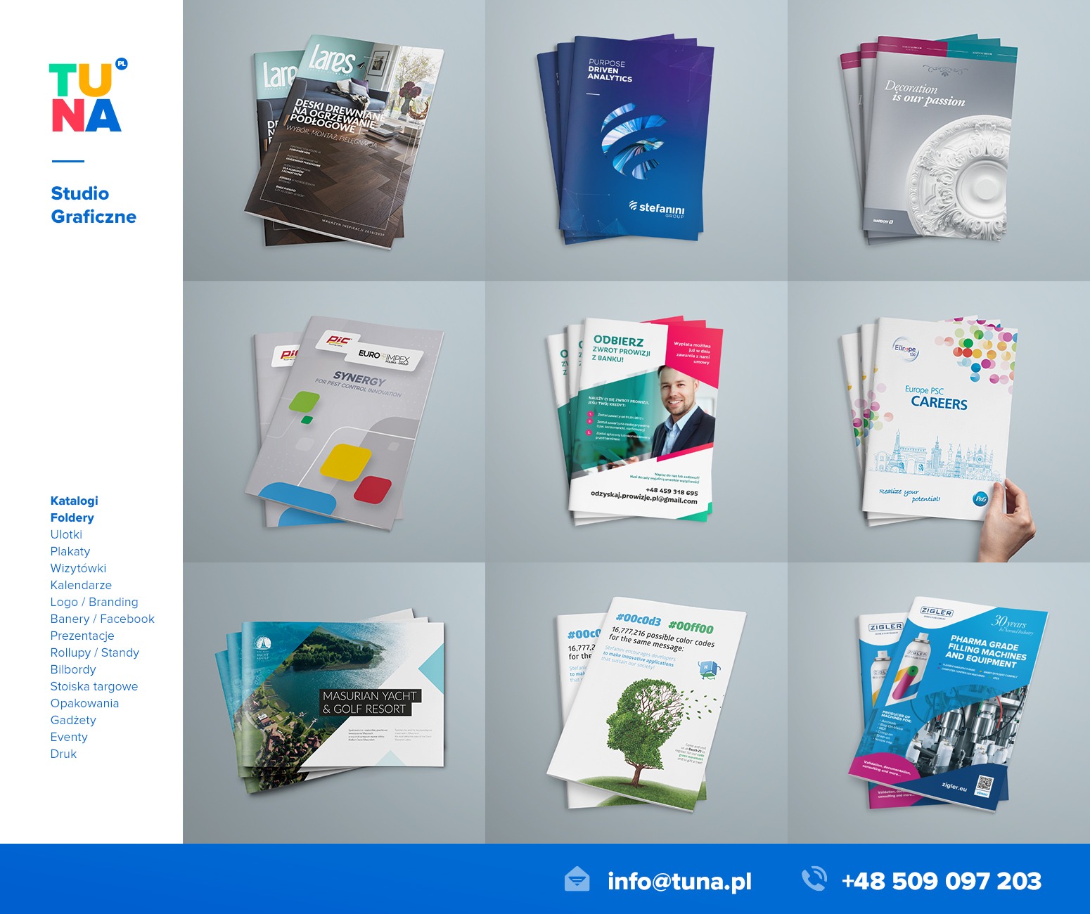Zestawienie różnorodnych projektów graficznych, w tym katalogów, folderów i ulotek, prezentujących szeroki zakres tematyczny: od desek podłogowych, przez usługi finansowe, po jachty i maszyny...